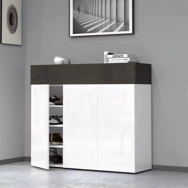 Scarpiera Griselda DMORA, Armadio multifunzione da ingresso a 4 ante, Bianco e Grigio, L: 114 cm, P: 38 cm, H: 100 cm – 1