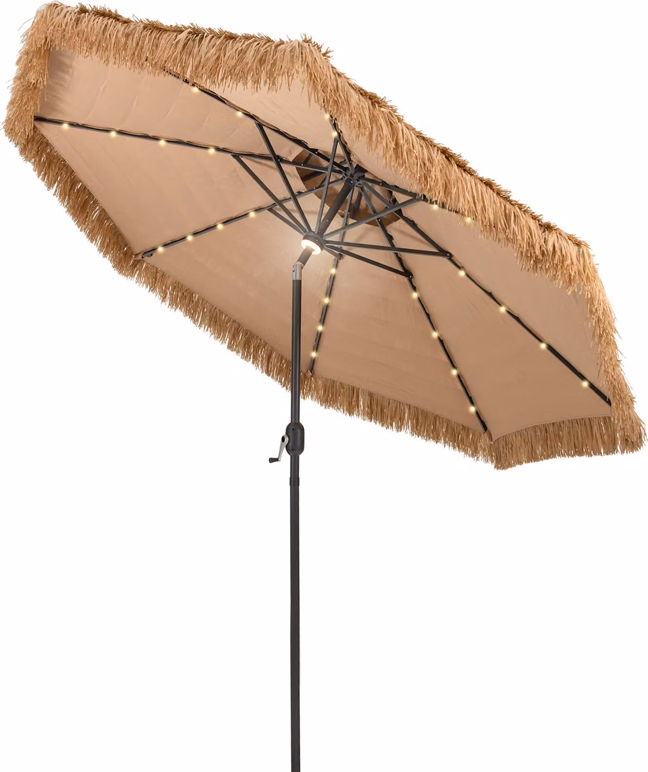 COSTWAY Ombrellone Hawaii 300 cm, ombrellone in paglia con LED solare e doppio tettuccio, ombrellone da giardino inclinabile