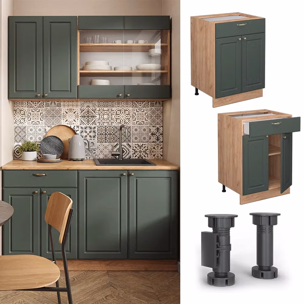 Mobiletto base per cucina Vicco Fame-Line Verde-oro e Rovere dorato con cassetto, senza piano di lavoro, Larghezza: 60 cm – 2