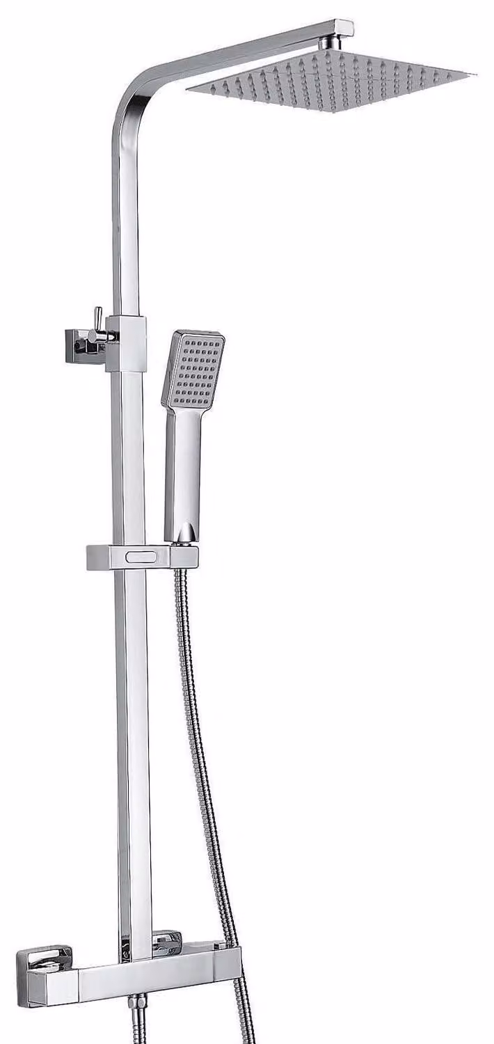 Sistema doccia con termostato, design quadrato, cromato, 20,3 cm, con soffione a pioggia e doccetta manuale