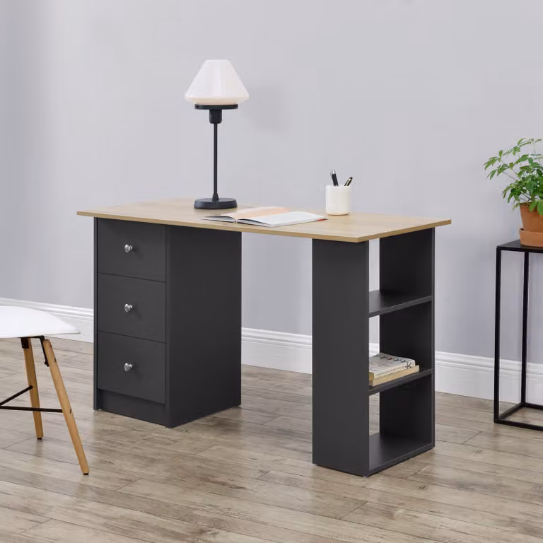 Scrivania 120x50x72cm per ufficio con cassetti grigio scuro/legno ripiano tavolo PC [en.casa]