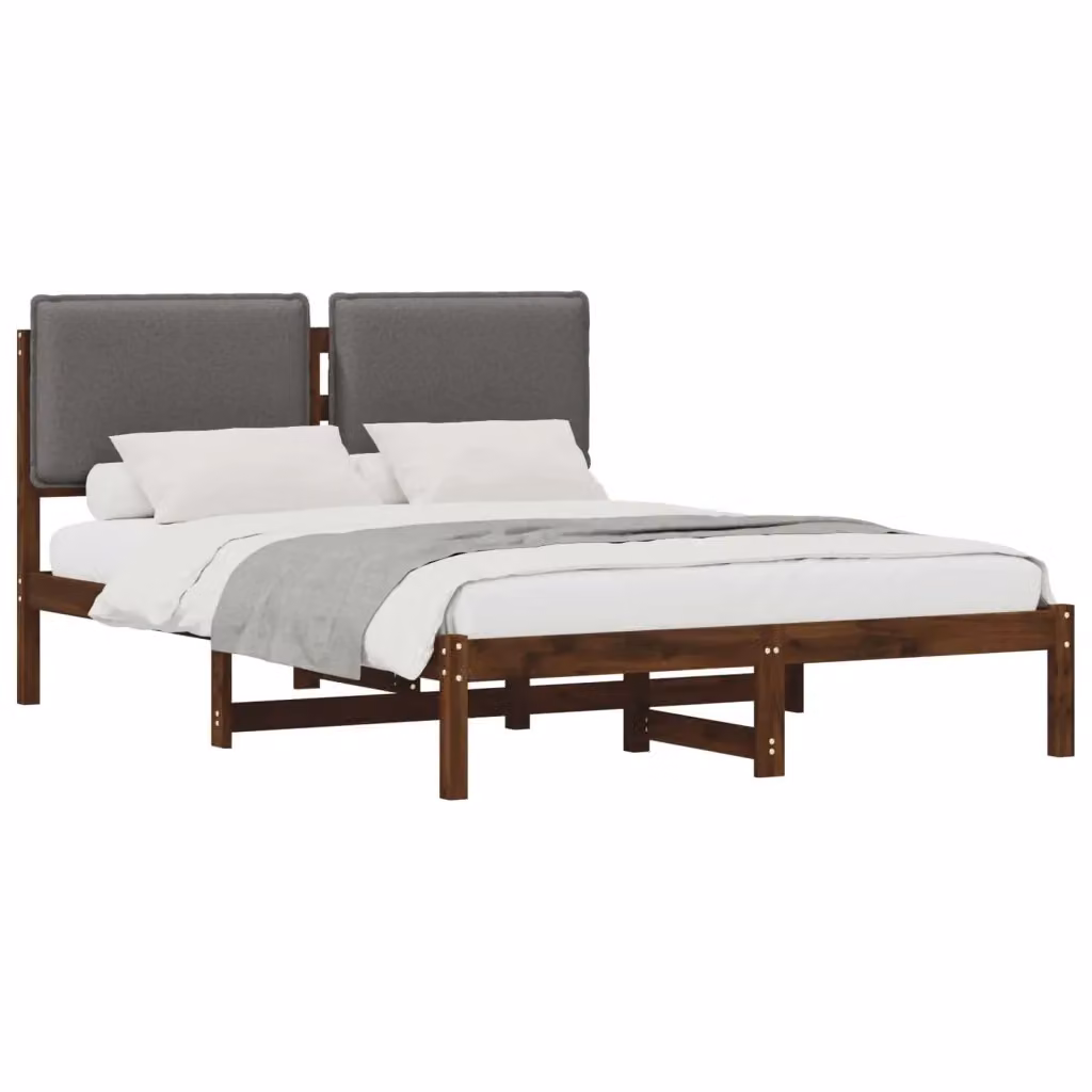 Letto moderno vidaXL con testiera rivestita in tessuto e struttura in legno di acacia, marrone scuro e grigio chiaro, L: 140 cm, P: 196 cm, H: 85 cm – 2