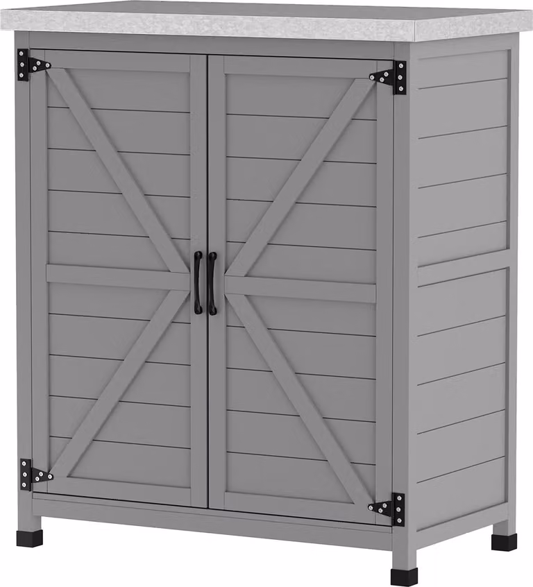 Armadio da giardino in legno capanno per attrezzi da esterno resistente alle intemperie con piano di lavoro, doppia porta, ripiano, armadio per attrezzature armadio portaoggetti armadio multiuso per giardino, terrazza 79 x 43 x 92 cm grigio