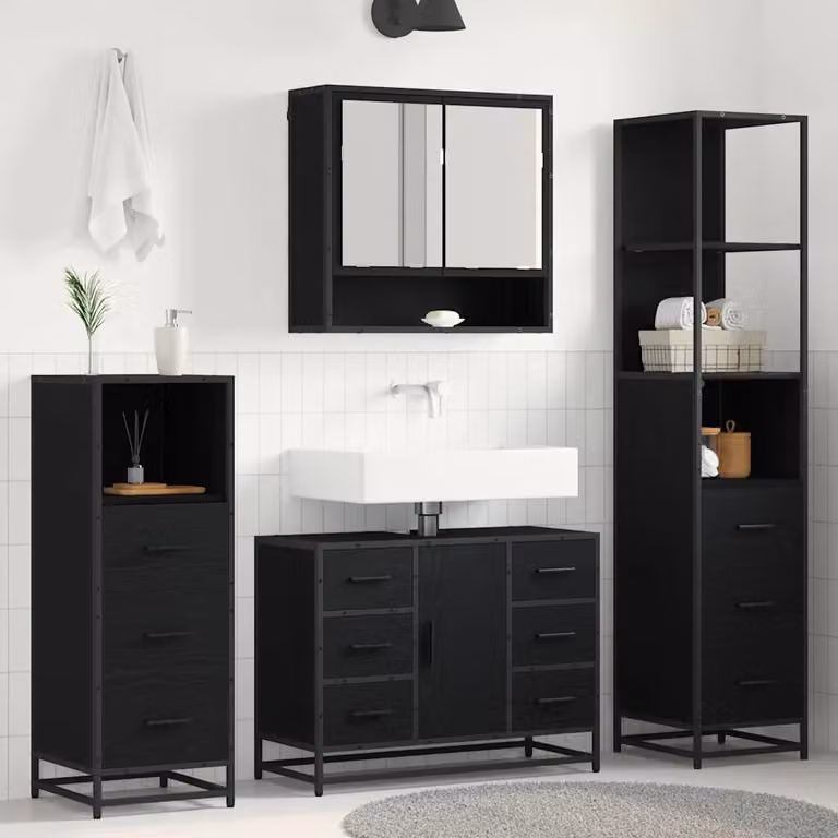 Set di mobili per il bagno moderno vidaXL 4 pezzi in rovere e nero con armadietto a specchio, mobile lavabo, mobile laterale e colonna alta L/P/H: 80 x 33 x 166 cm
