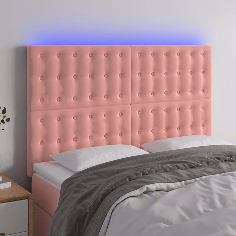 Testiera per letto con LED e porta USB vidaXL in velluto rosa, L: 144 cm, P: 5 cm, H: 118-128 cm