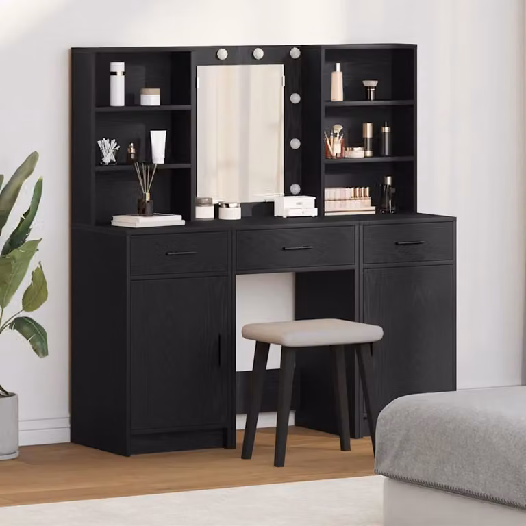 Set da trucco con LED vidaXL Hollywood 3 pezzi, colore Nero e Rovere