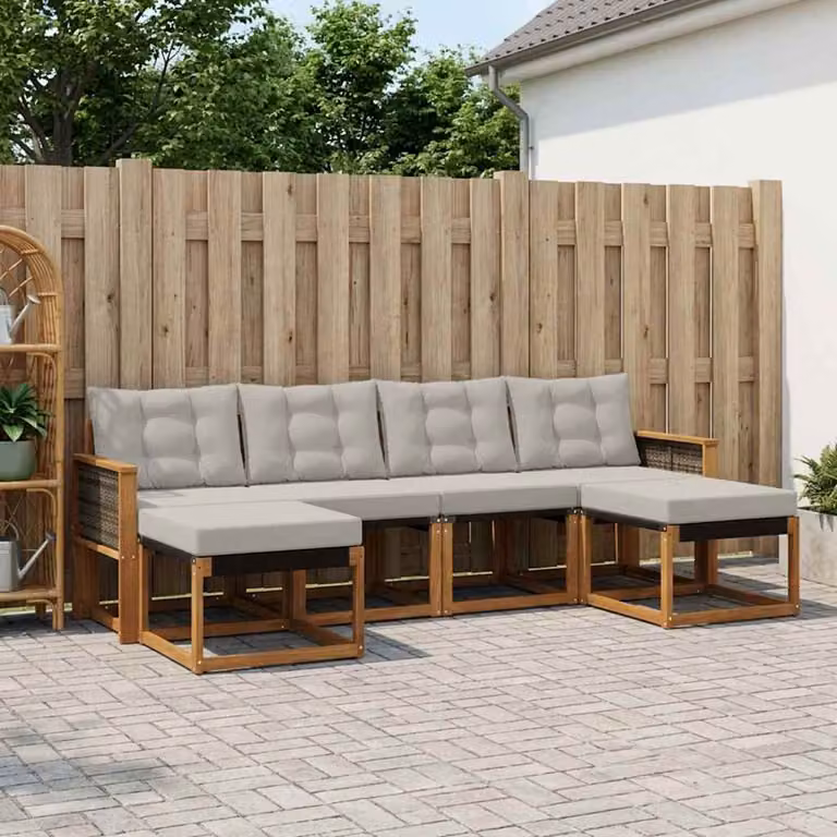 Set di divani da esterno vidaXL a forma di L composto da 6 pezzi in legno di acacia con sedute in textilene e cuscini, colori beige, grigio e marrone