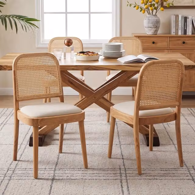 Set di 4 sedie da pranzo moderne WISHDOR in legno massiccio con schienale in rattan e seduta in lino color beige e marrone