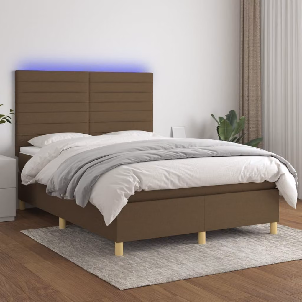 Maison Exclusive - Letto boxspring con materasso e illuminazione a LED, marrone scuro, 140x190 cm, rivestimento in tessuto