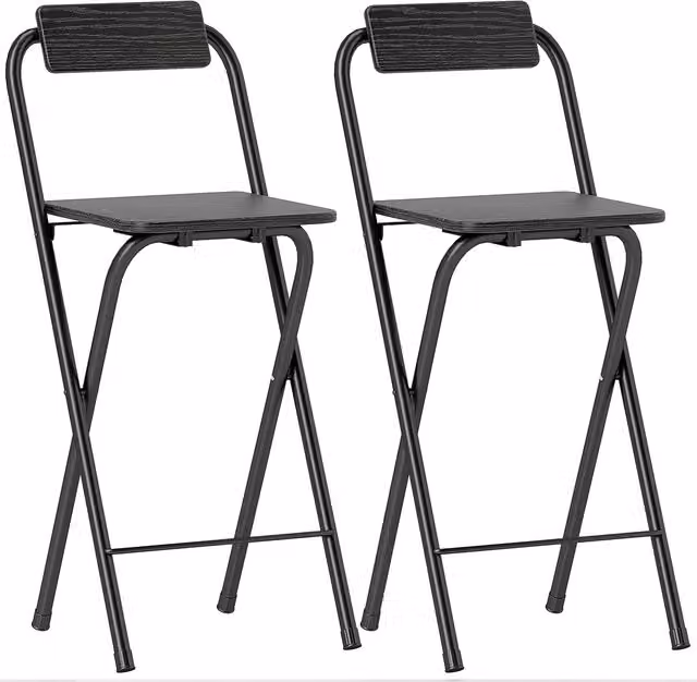 Set di 2 sgabelli da bar pieghevoli HOMCOM in legno e acciaio con poggiapiedi, colore nero, L 37 cm x P 45 cm x H 87 cm