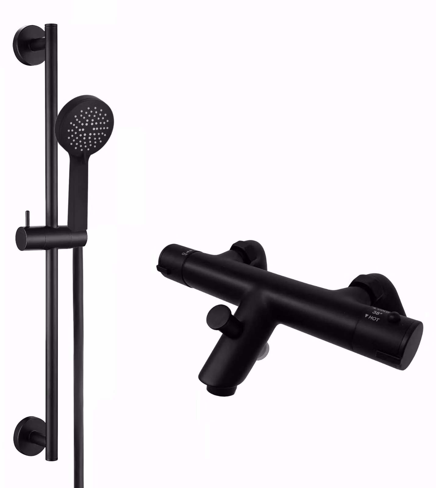 Miscelatore termostatico per vasca da bagno con doccetta, tubo flessibile, supporto a parete e corpo in ottone, colore nero