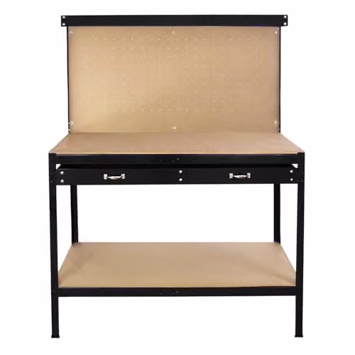 T-Mech - Banco da Lavoro a 3 Livelli con Piano da 120x60cm Ultra Resistente e Pannello Parete Forata Porta Attrezzi Utensili e 40 Ganci universali GRATIS + 2 Mensole e Cassetto - Nero