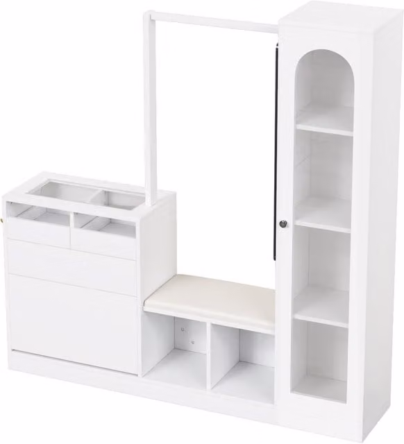 Set combinazione ingresso 6-in-1 GL Store con illuminazione LED, specchio, panca e scarpiera, Bianco, L: 163 cm, P: 35 cm, H: 161 cm