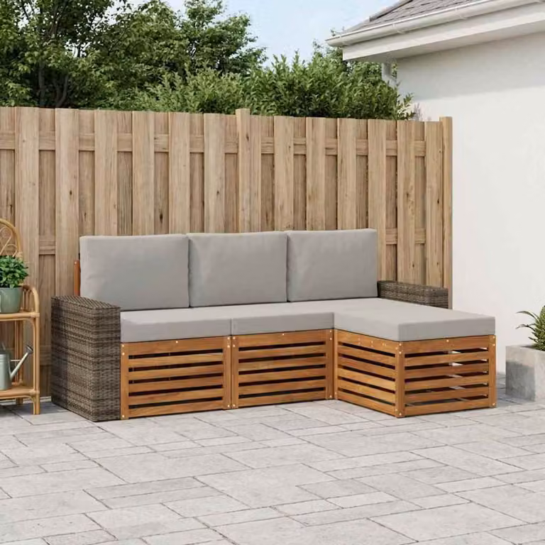 Set di divani da esterno vidaXL a forma di L in legno di acacia con pouf e cuscini, beige e grigio