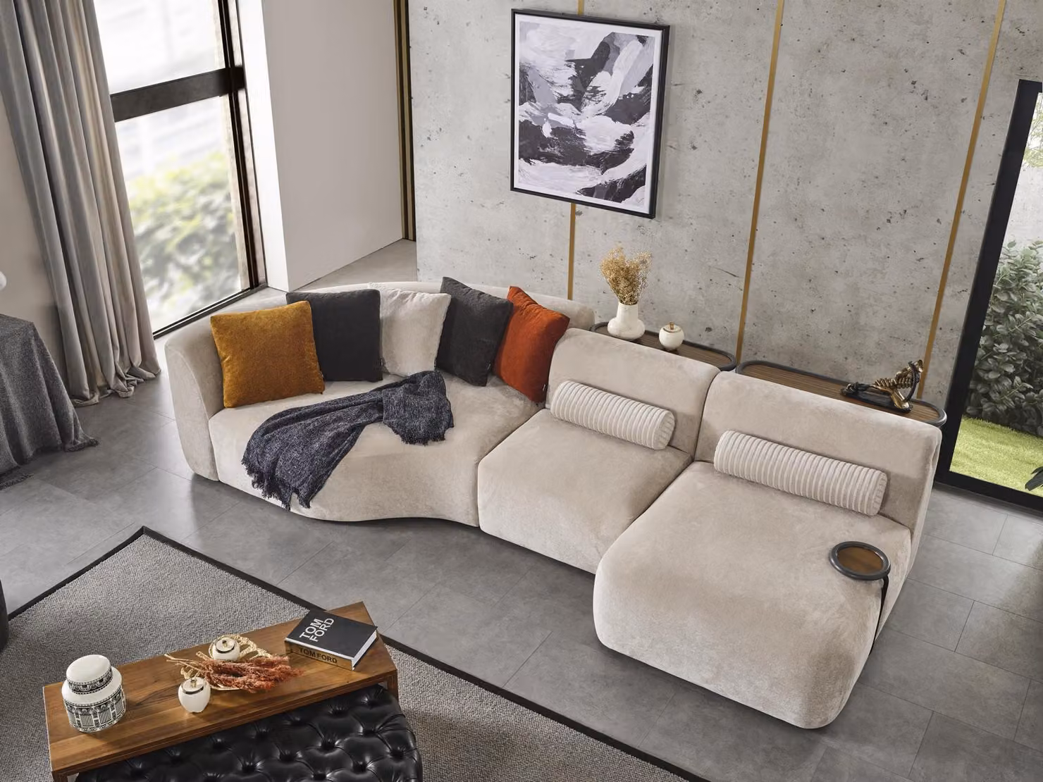 Ecksofa L-Form Design Couch Holz mit Textil Polster Möbel weiß