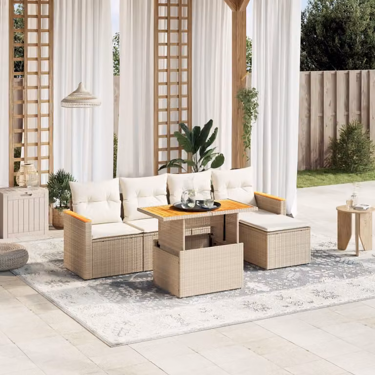 Set Divano da Giardino vidaXL 6 pz a Forma a L con Cuscini Beige in Polyrattan e Legno di Acacia