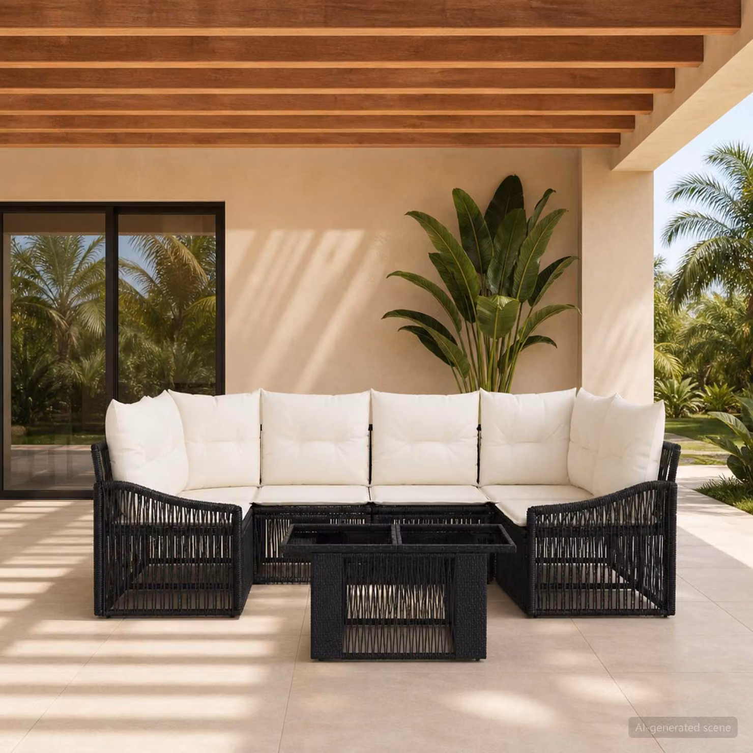 Set Divano da Giardino vidaXL 7 pz a forma a U in Polyrattan con Tavolino e Cuscini, Nero e Bianco
