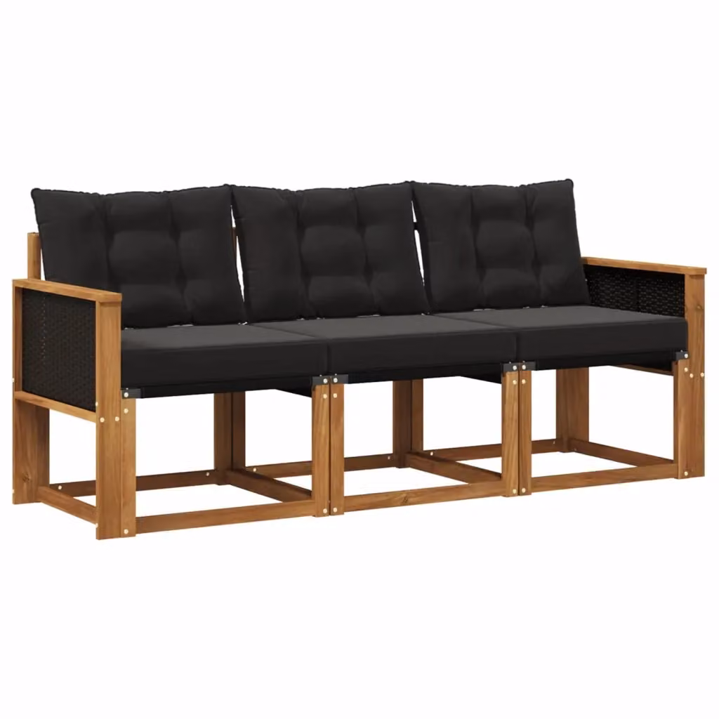 Set di divani da esterno 3 pezzi vidaXL in legno di acacia trattato, colore marrone e nero, con cuscini inclusi – 2
