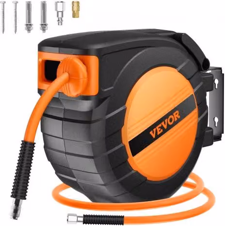 Avvolgitubo Aria Compressa Retrattile VEVOR Arancione con Tubo Ibrido da 15,24 m e Pressione Massima 300 PSI per Montaggio a Parete o Soffitto