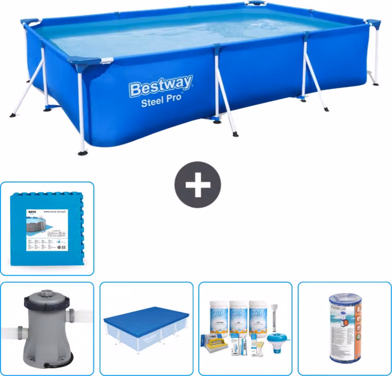 Piscina Bestway Pro rettangolare in acciaio - 300 x 201 x 66 cm - blu - inclusa copertura della pompa - pacchetto manutenzione - filtro - piastrelle per il pavimento