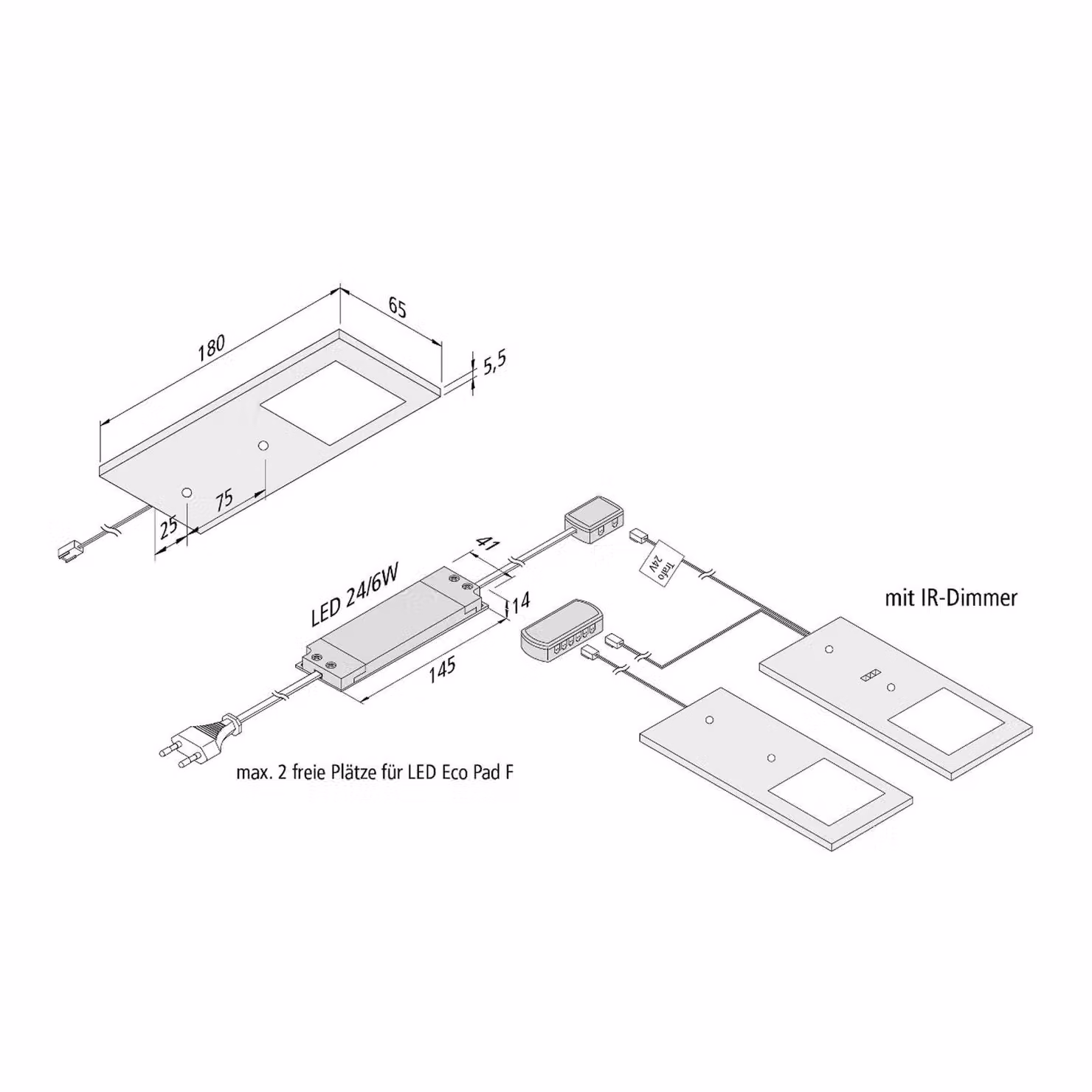 Hera Lampada LED mobili Eco-Pad F set 2x 4.000K nero F, dimmerabile, Nero, Cucina, Alluminio, Moderno, Lampade per mobili