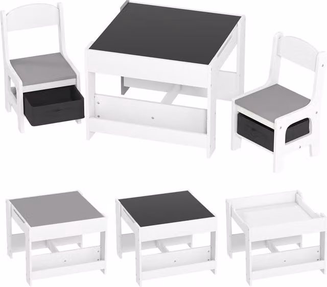 Set Tavolino e 2 Sedie per Bambini HOMCOM con Piano Reversibile a Lavagna e Contenitori, Grigio e Bianco – 1