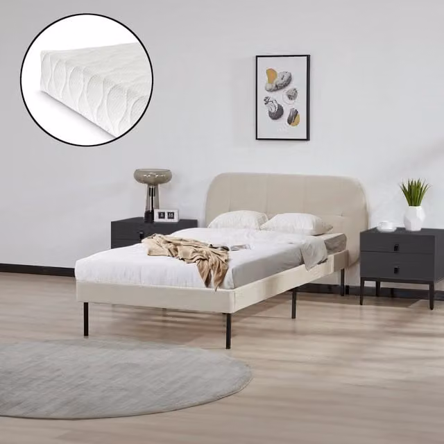 Letto Singolo Porvoo en.casa con Testiera e Materasso in Velluto Beige, L/P/H: 90 x 200 x 207 cm