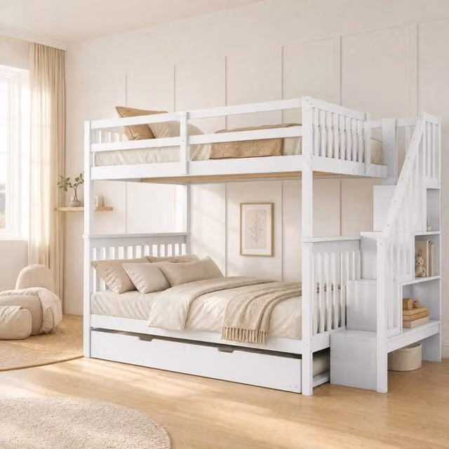 Letto a castello moderno per bambini con letto estraibile e scala con ripiani, in pino e MDF, colore bianco, L/P/H: 200 x 140 x 160,5 cm