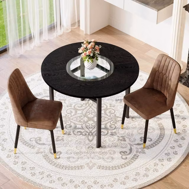 Set tavolo rotondo Mivray con 2 sedie in MDF, vetro e metallo, marrone e nero per sala da pranzo e soggiorno – 1