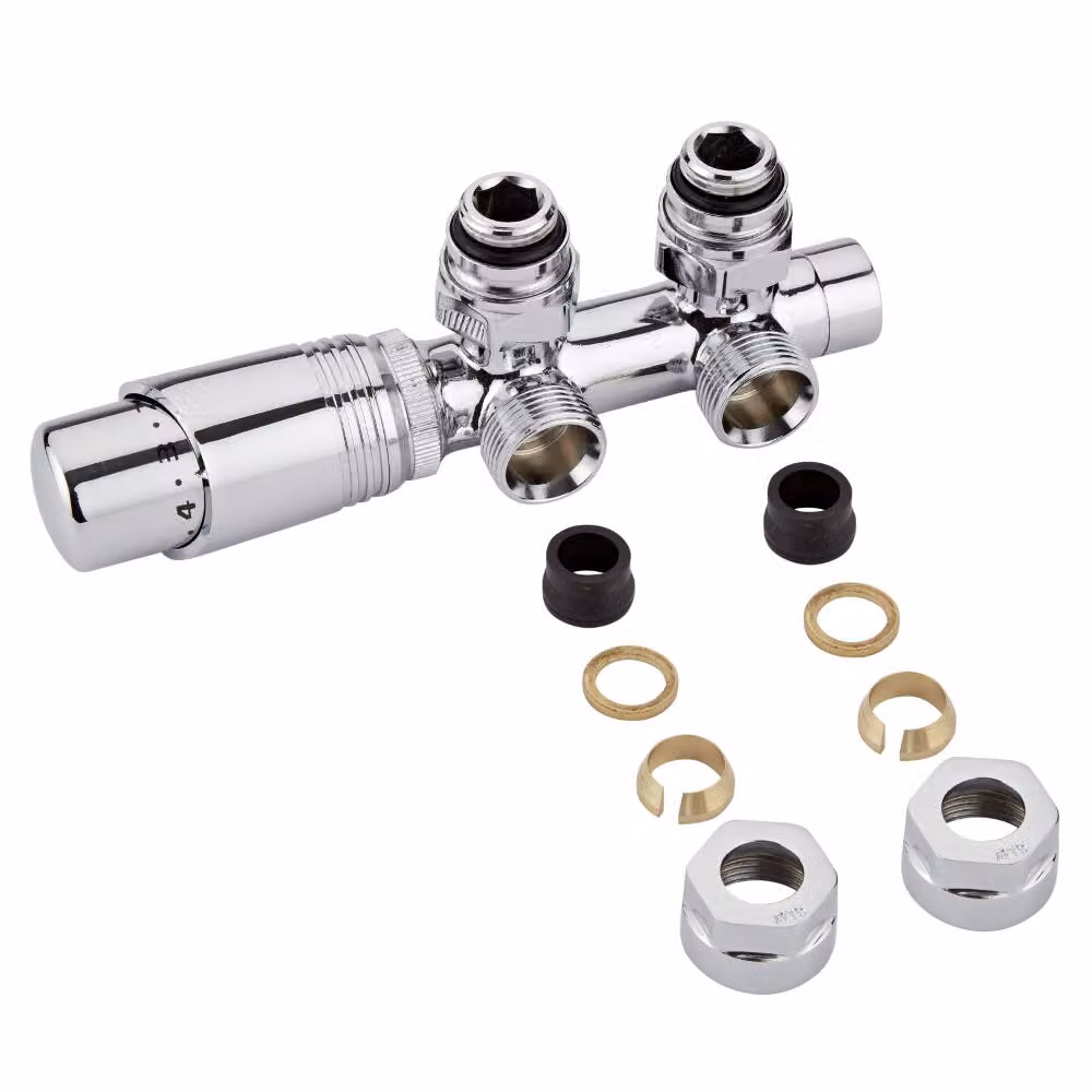 Valvole a Squadra Termostatiche HudsonReed in Ottone Cromato 3/4 con Testa Termostatica e Adattatori Ø15mm Rame