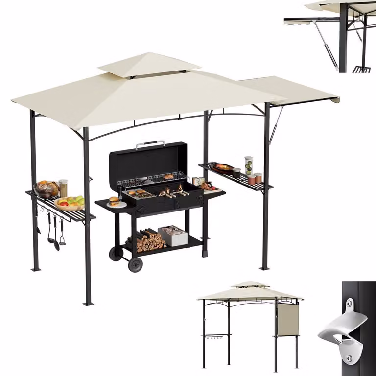 Gazebo per barbecue con tenda laterale, tetto a doppia falda, resistente alle intemperie, color beige