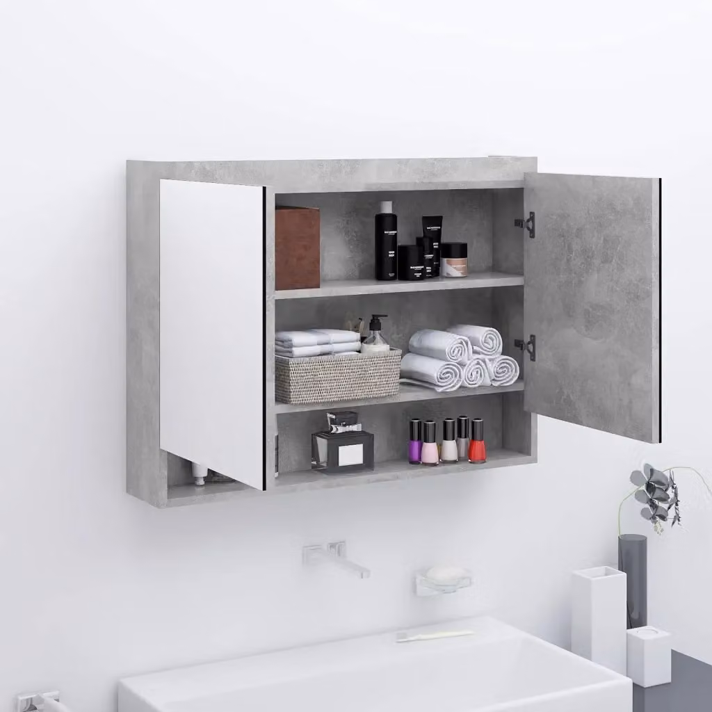 Armadietto da bagno moderno con specchio e ripiani interni in MDF e vetro, colore grigio, L: 80 cm, P: 15 cm, H: 60 cm – 2