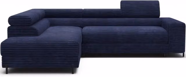 Divano angolare convertibile COLESIA MEUBLORAMA in velluto a coste blu, modello a sinistra con funzione letto e poggiatesta regolabile, L/P/H: 274 x 200 cm – 1