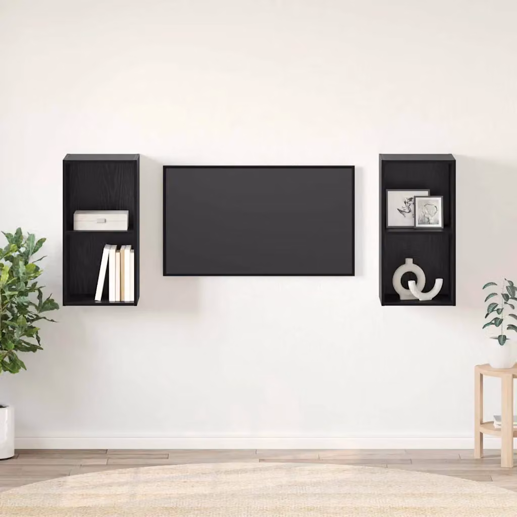 Set di 2 mobili TV vidaXL in legno ingegnerizzato e rovere, colore nero opaco, stile rustico per soggiorno
