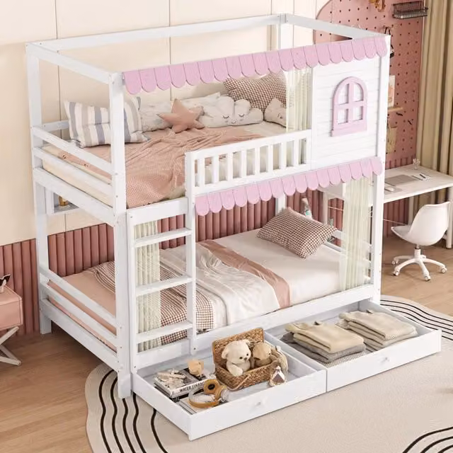 Letto a castello per bambini 90 × 200 cm 2 posti con 2 cassetti, mensole e barriere, senza materasso, bianco e rosa