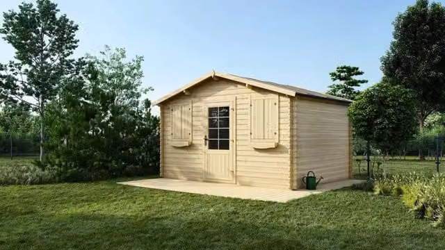 Casetta da giardino in legno ALTANKA modello DOM137 colore naturale e beige, superficie di 12 m2, L/P: 4 x 3 m, H: 2,51 m