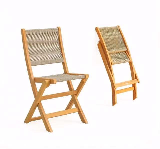 Set 2 sedie da giardino pieghevoli in legno di acacia e corda PP; beige e naturale