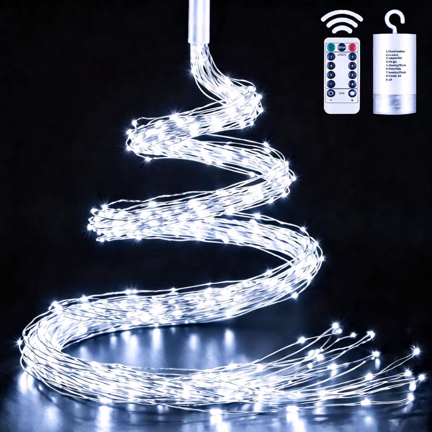 Catena luminosa da 1 metro, 100 LED, alimentazione a batteria, timer, luce bianco caldo, grado di protezione IP65