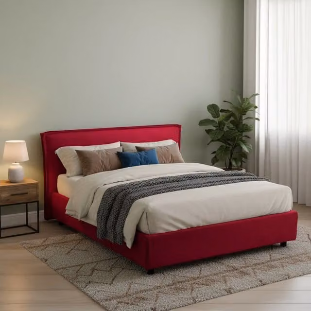 Letto Matrimoniale Bubbio DMORA con Base a Alzata, Rivestimento in Tessuto Sfoderabile, L/P: 160 x 200 cm, Rosso e Nero