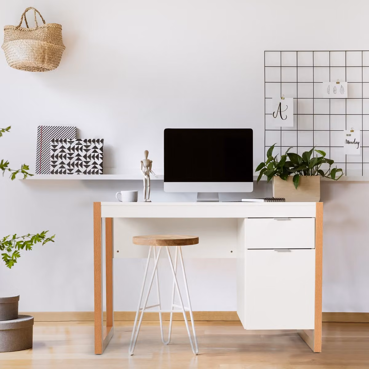 Scrivania moderna per computer Costway con armadietto e cassetto, postazione di lavoro elegante in bianco per casa e ufficio