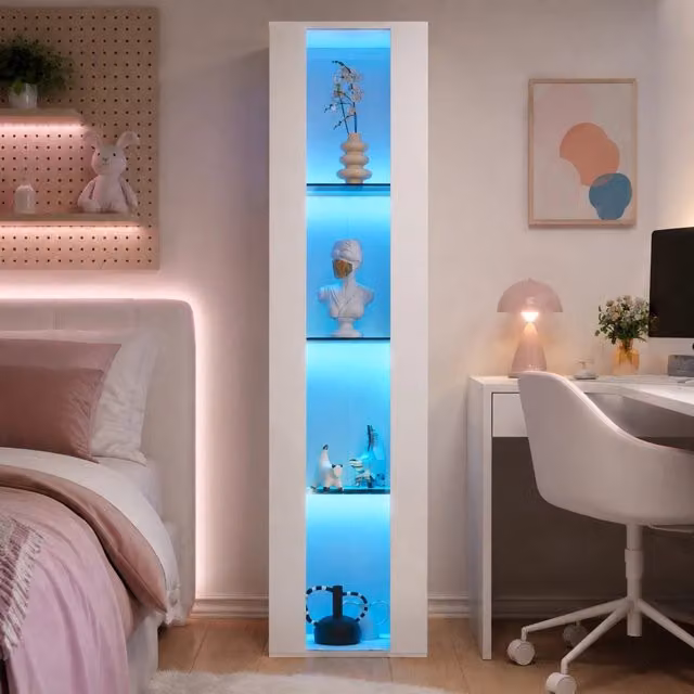 Vetrina ULEVR 40x29x170 cm a 4 livelli con illuminazione LED multicolore controllabile tramite app, bianca