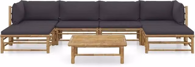Set da giardino vidaXL a 7 pezzi con cuscini grigi in bambù e design moderno a forma di U