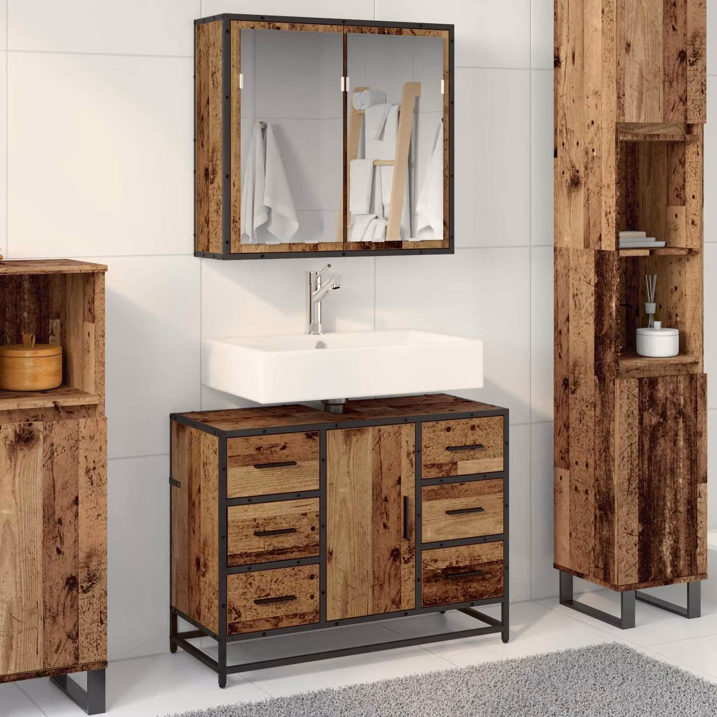Set di mobili per il bagno vidaXL composto da mobile sottolavabo e armadietto con specchio in legno vecchio e metallo, colore marrone, L 80 cm x P 33 cm x H 60 cm