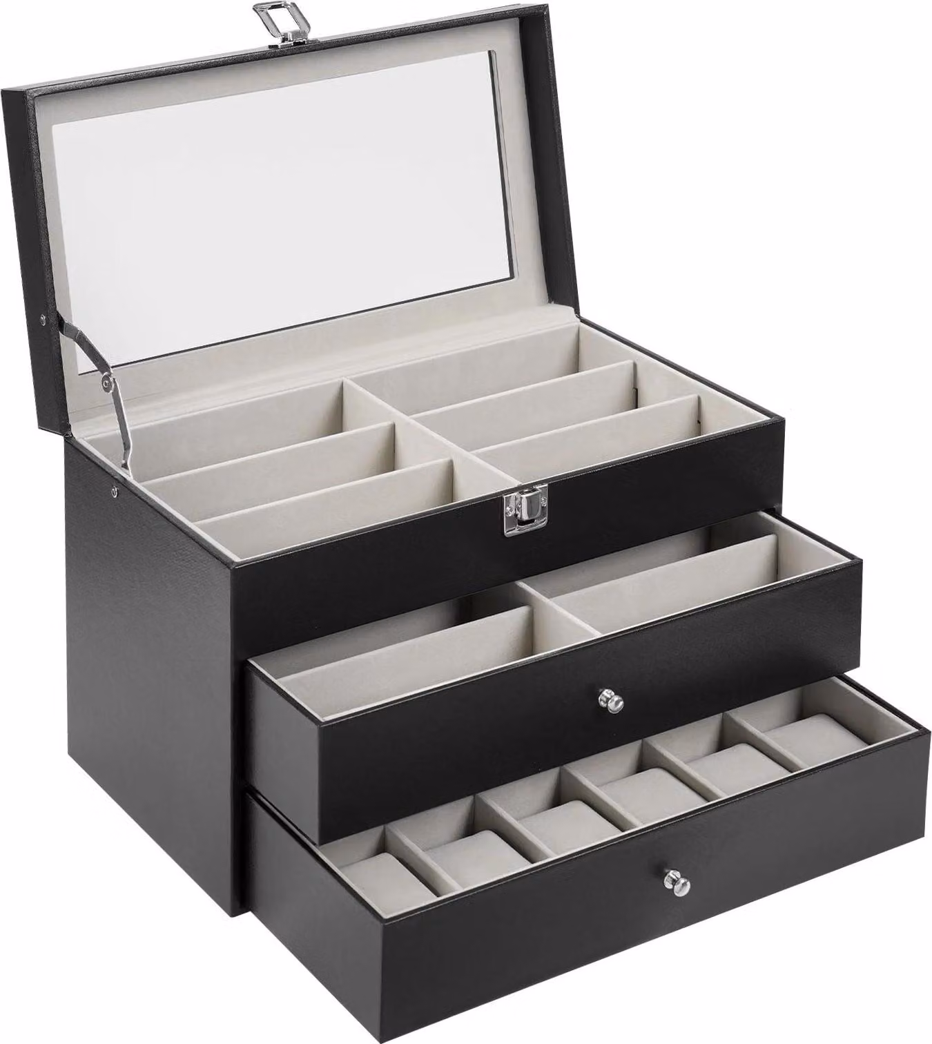 Espositore per orologi e occhiali - Scatola portaoggetti - 24 scomparti (12 per orologi + 12 per occhiali) - 3 ripiani - Coperchio in vetro -  - Cassetto - Nero