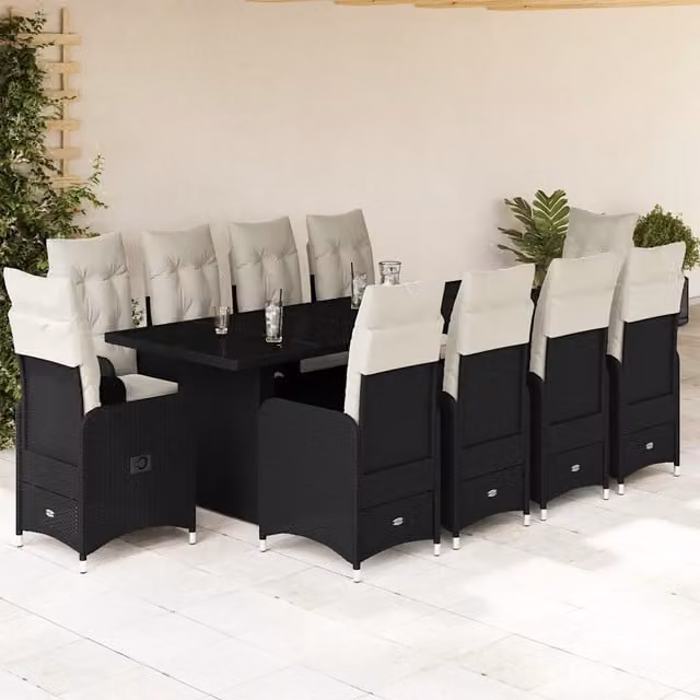 Set da Bistrò da Giardino vidaXL in Polyrattan Nero con Cuscini e Piano in Vetro, 11 Pezzi
