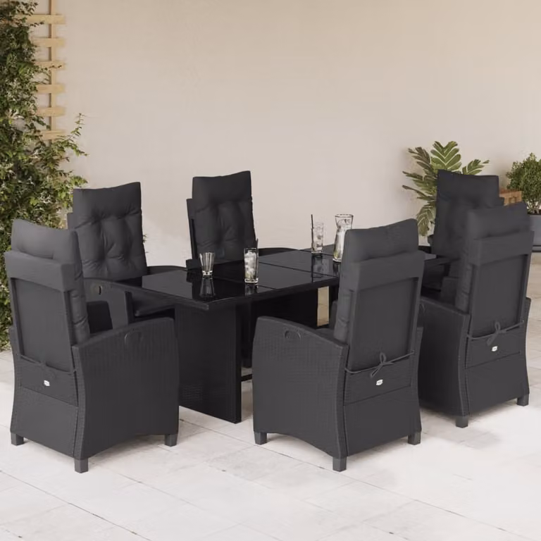 vidaXL Set da Pranzo da Giardino 7 pz in Polyrattan Nero con Cuscini e Tavolo in Vetro