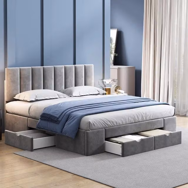 Letto con cassetti 160 × 200 cm con 4 cassetti su ruote testiera imbottita regolabile rivestito in velluto grigio