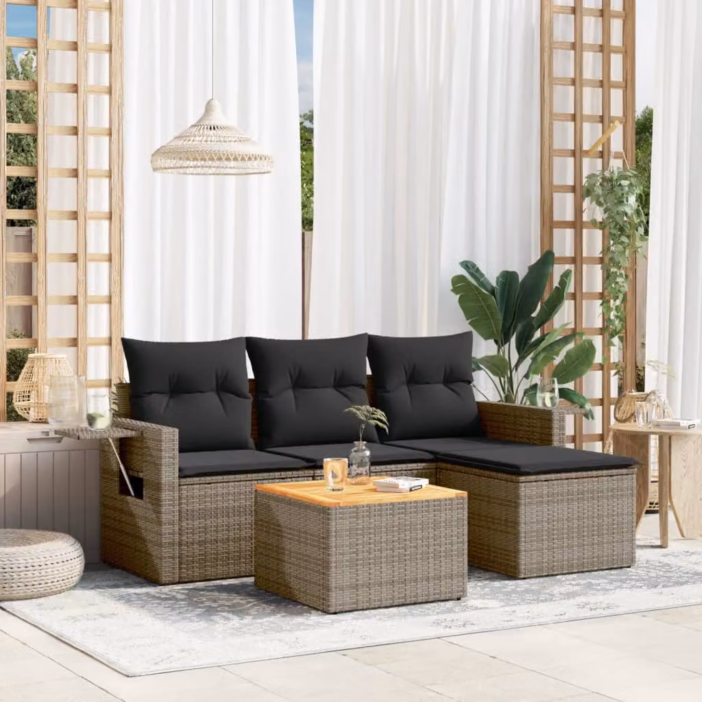 vidaXL Set Divano da Giardino 5 pz a Forma di L in Polyrattan Grigio con Cuscini e Tavolino – 1