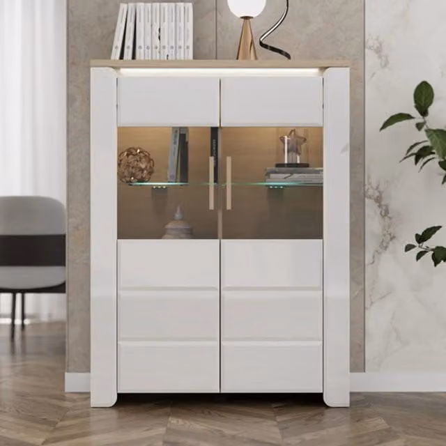 Mobile Espositore Erto DMORA con Ante in Vetro e Ripiani Interni, Bianco Opaco, L: 96 cm, P: 35 cm, H: 130 cm