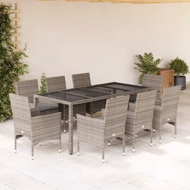 Set da Pranzo da Giardino 9 pz con Cuscini Polyrattan e Vetro 3278560